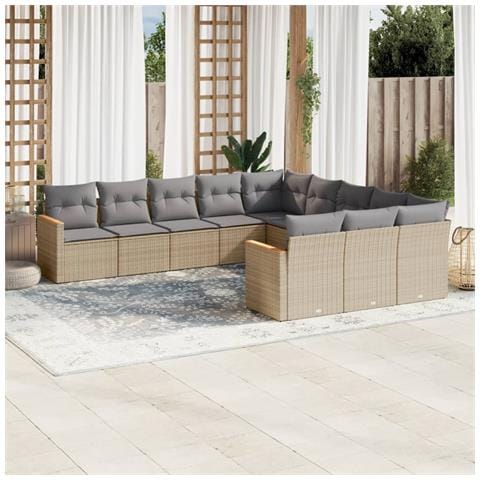 Set Divani Da Giardino 11 Pz Con Cuscini Beige In Polyrattan - Foto 1