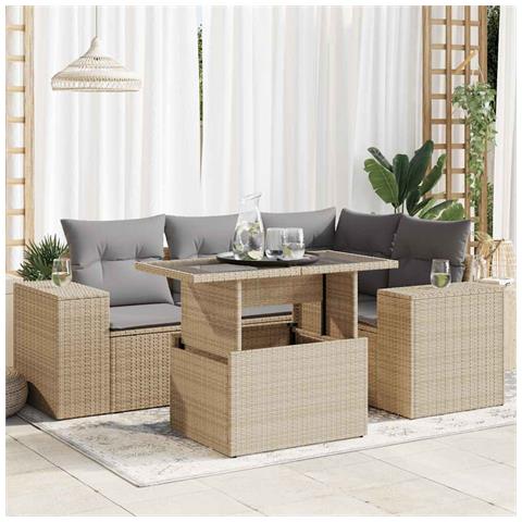 Set Divano Da Giardino 5 Pz Con Cuscini Beige In Polyrattan - Foto 1