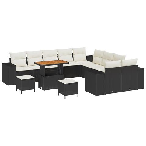 Set di divani da giardino  da 13 pezzi con cuscini neri in polyrattan e acacia, Set da pranzo da giardino  da 3 pezzi con cuscini neri in polyrattan e acacia - Foto 1