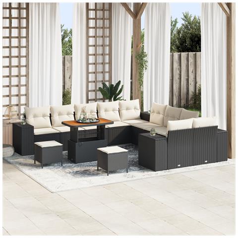 Set di divani da giardino  da 13 pezzi con cuscini neri in polyrattan e acacia, Set da pranzo da giardino  da 3 pezzi con cuscini neri in polyrattan e acacia - Foto 2