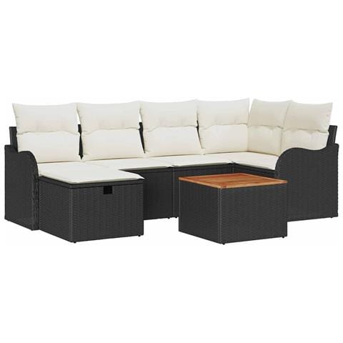 Set Divano da Giardino a 7 Pezzi con Cuscini Nero Polyrattan, Divano da Giardino a 2 Posti con Cuscini Nero Polyrattan - Foto 1