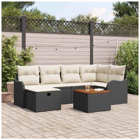 Set Divano da Giardino a 7 Pezzi con Cuscini Nero Polyrattan, Divano da Giardino a 2 Posti con Cuscini Nero Polyrattan - Foto 2