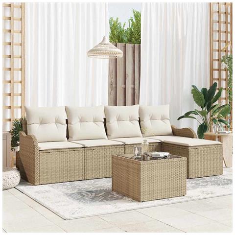 Set Divano Giardino 6 Pezzi con Cuscini Rattan Polipropilene Marrone, Divano Giardino 2 Posti con Cuscini Rattan Polipropilene Beige - Foto 2