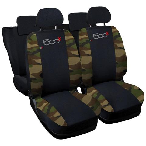 Coprisedili Auto Compatibili Per 500x, Made In Italy, Set Di Copri Sedili Anteriori E Posteriori (unico Colore) Con Copri Poggiatesta Incluso, Tessuto Poliestere, Colore - Nero \mimetico Classico - Foto 1