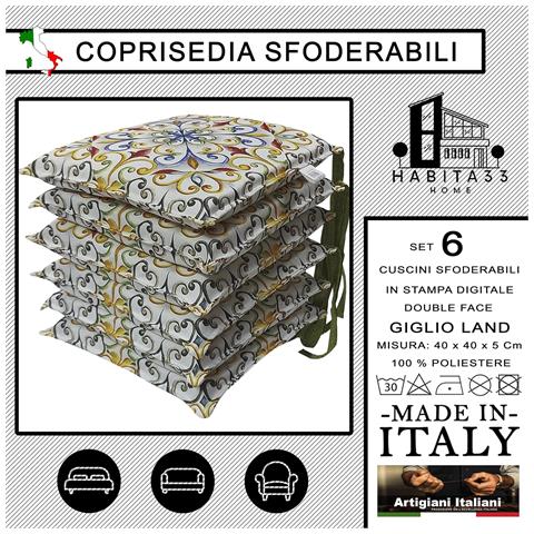 Set 6 Cuscini Per Sedie Cucina Con Laccetti, Stampa Digitale, Copri Sedia Sfoderabili E Lavabili, Made In Italy (6, Giglio Land) - Foto 7