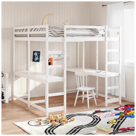 Letto Soppalco Scrivania e Scala Bianco 160x200cm Massello Pino - Foto 2