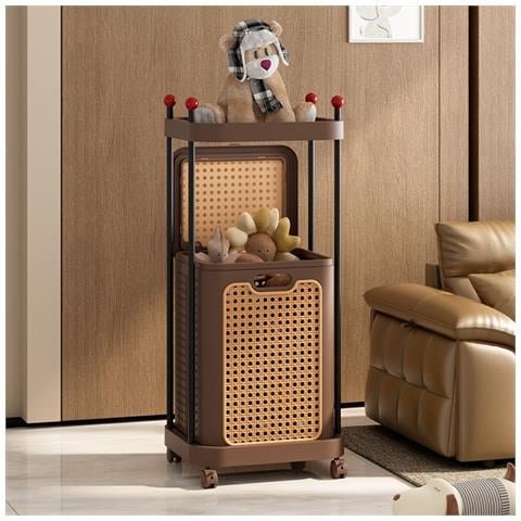 Cesto Portabiancheria In Rattan Marrone Retro Con Ruote E Ripiano Portaoggetti - Foto 3
