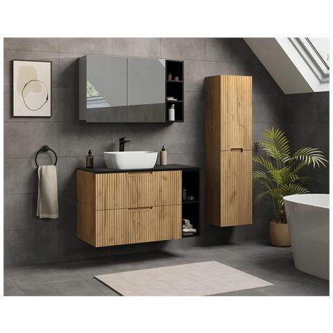 Mobile sottolavabo da 60 cm, Nero, Frontali scanalati, Lavabo sospeso, Chiusura ammortizzata, Piano di lavoro effetto marmo nero - Foto 2