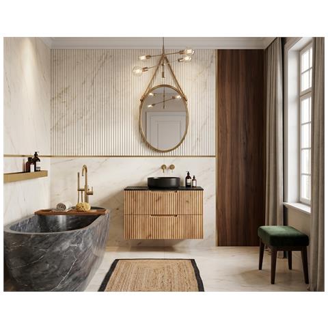 Mobile sottolavabo da 60 cm, Nero, Frontali scanalati, Lavabo sospeso, Chiusura ammortizzata, Piano di lavoro effetto marmo nero - Foto 5