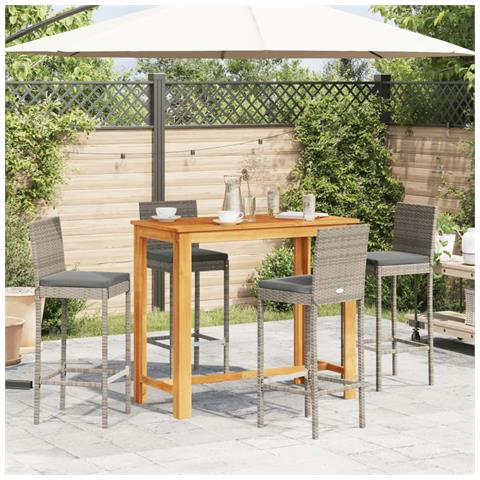Set Bar Giardino 5pz Grigio Legno Massello Acacia E Polyrattan - Foto 2