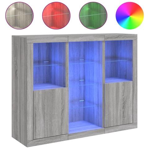 Credenze Con Luci Led 3 Pz Grigio Sonoma In Legno Multistrato - Foto 2