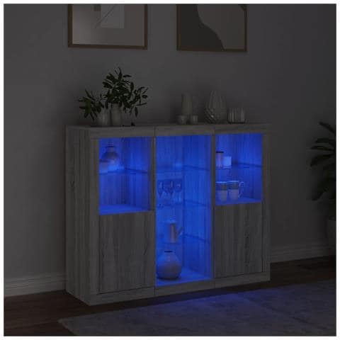 Credenze Con Luci Led 3 Pz Grigio Sonoma In Legno Multistrato - Foto 3