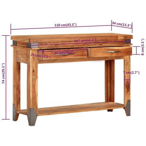 Tavolo Console 110x34x74 Cm In Legno Massello Di Acacia - Foto 8