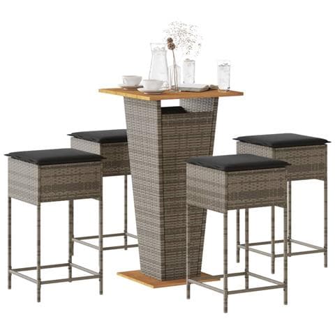 Set Bar da Giardino 5 pz con Cuscini in Polyrattan Grigio - Foto 2