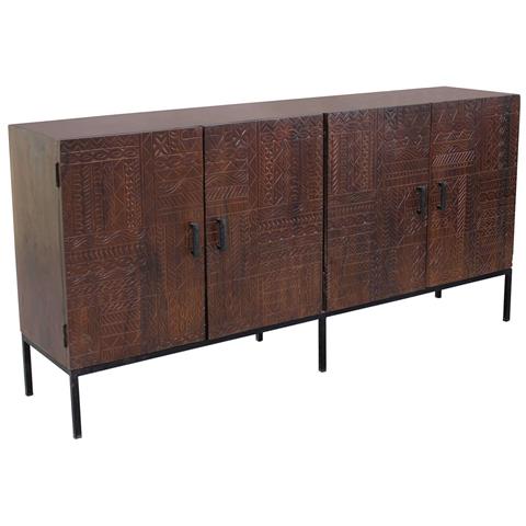 Mobile Credenza Coloniale Da Interno In Legno Di Mango E Metallo A 4 Ante Decorate Stile Wenge' Intagliato A Mano Linea Elegance - Foto 1
