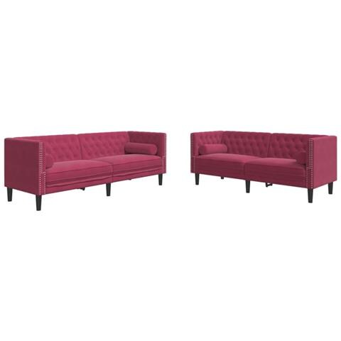 Set Divani Chesterfield 2pz con Cuscini Rosso Vino Velluto - Foto 1