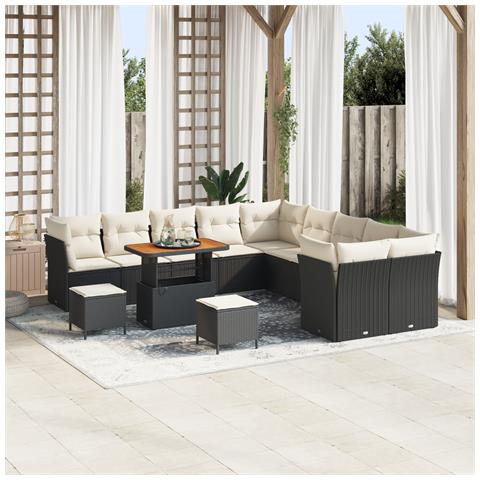 Set di Divani da Giardino da 13 Pezzi con Cuscini Nero Polyrattan Acacia, Set da Pranzo da Giardino da 3 Pezzi con Cuscini Nero Polyrattan Acacia - Foto 2