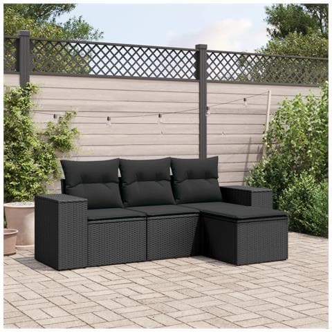 Set Divani da Giardino 4 pz con Cuscini Nero in Polyrattan - Foto 2