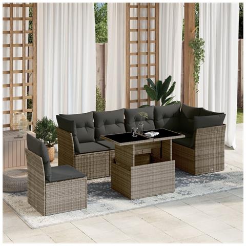 Set Divani da Giardino 7 pz con Cuscini Grigio in Polyrattan - Foto 2
