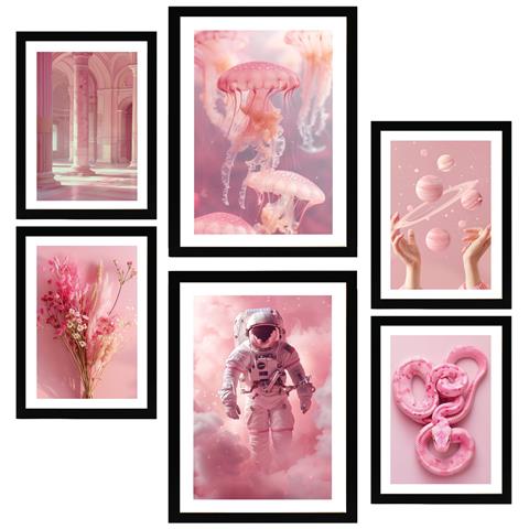 Set Di 6 Stampe Dipinto Decorativo Composizione Rosa Incorniciato Con Illustrazioni Di Design Per La Decorazione Della Parete A3 & A4 Cornice Nera - Foto 1