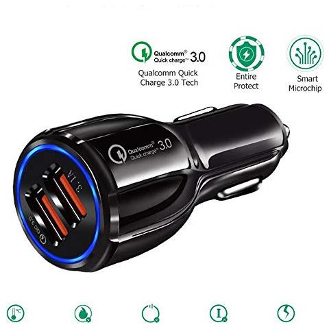 Caricabatterie Per Auto In Nero Lucido - Doppio Adattatore Di Ricarica Usb 3.0 Quick Charge A 2 Porte - Caricatore Rapido Da Auto Universale Per Smartphone, Tablet, Navigatore Satellitare Ecc. - Foto 2