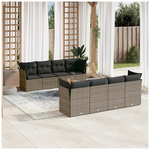Set Divano Da Giardino 9 Pz Con Cuscini Grigio In Polyrattan - Foto 1