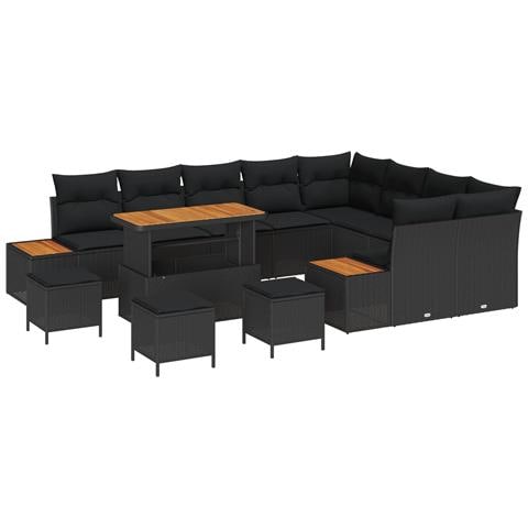 Set di Divani da Giardino  da 13 Pezzi con Cuscini Nero Polyrattan Acacia, Set da Pranzo da Giardino  da 4 Pezzi con Cuscini Nero Polyrattan Acacia - Foto 1