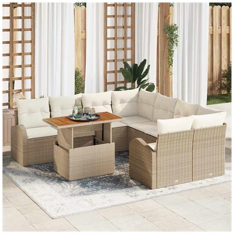 Set divani da giardino 9 pezzi con cuscini Rattan polietilene beige, Divano giardino 2 posti con spazio di stoccaggio e cuscini Rattan polietilene beige - Foto 2