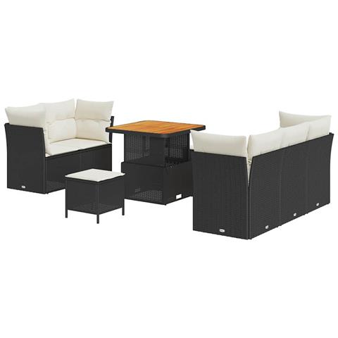 Set Divano da Giardino  a 8 pezzi con Cuscini Rattan Polietilene Nero Acacia, Set da Pranzo da Giardino  a 3 pezzi con Cuscini Rattan Polietilene Nero Acacia - Foto 1