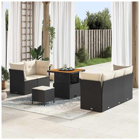 Set Divano da Giardino  a 8 pezzi con Cuscini Rattan Polietilene Nero Acacia, Set da Pranzo da Giardino  a 3 pezzi con Cuscini Rattan Polietilene Nero Acacia - Foto 2