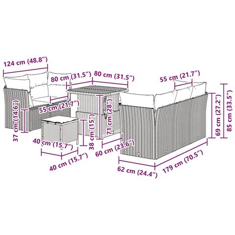 Set Divano da Giardino  a 8 pezzi con Cuscini Rattan Polietilene Nero Acacia, Set da Pranzo da Giardino  a 3 pezzi con Cuscini Rattan Polietilene Nero Acacia - Foto 9