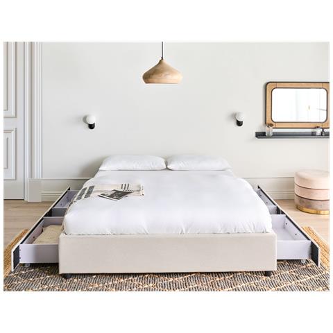 Letto Con Cassetti Contenitore Senza Testata Tessuto Prades 140 X 200 Cm Beige Chiaro - Foto 1