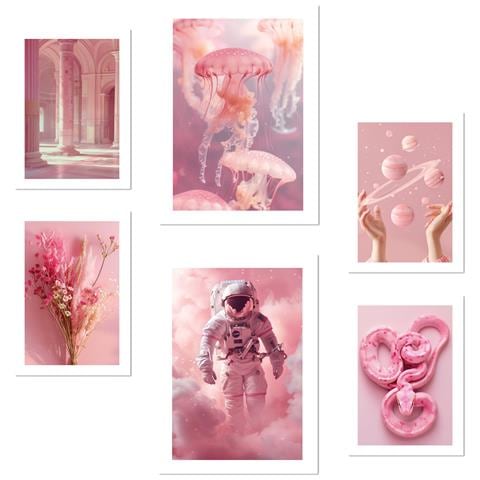 Set Di 6 Stampe Illustrazioni Di Design Di Composizioni Rosa Per Decorare Le Pareti Delle Stanze Della Tua Casa A3 & A4 Senza Cornice - Foto 1