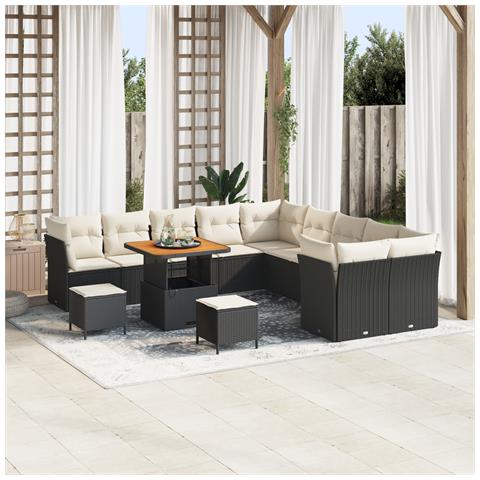 Set di Divani da Giardino da 13 Pezzi con Cuscini Nero Polyrattan Acacia, Set di Mobili da Giardino da 3 Pezzi con Cuscini Nero Polyrattan Acacia - Foto 2