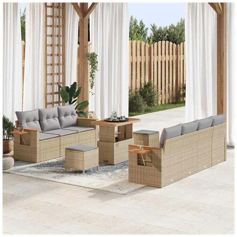 Set Divano da Giardino da 10 Pezzi con Cuscini Beige in Polyrattan e Acacia,  Set da Pranzo da Giardino da 3 Pezzi con Cuscini Beige in Polyrattan e Acacia - Foto 2