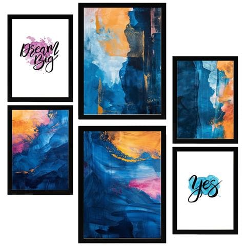 Set Di 6 Stampe Colori Astratti, Blu, Oro, Turchese, Forme Incorniciate Con Illustrazioni Di Design Per Le Pareti Di Casa A3 & A4 Cornice Nera - Foto 1