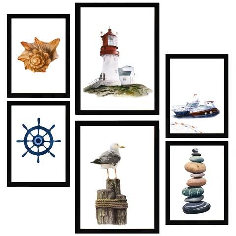Set Di 6 Stampe Dipinto Decorativo Con Composizione Di Oceano E Mare Incorniciato Con Illustrazioni Di Design Per La Decorazione Murale A3 & A4 Cornice Nera - Foto 1