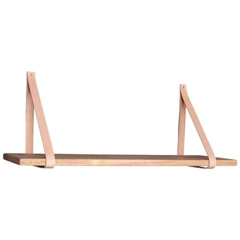 Mensola Da Parete Forno In Legno Naturale Con Cinghie In Pelle Marrone 120x20 Cm - Foto 1