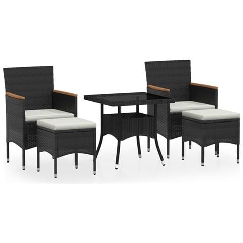 Set Da Pranzo Per Giardino 5 Pz Polyrattan Vetro Temperato Nero - Foto 1
