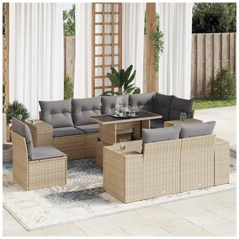 Set Divano Da Giardino 9 Pz Con Cuscini Beige In Polyrattan - Foto 1