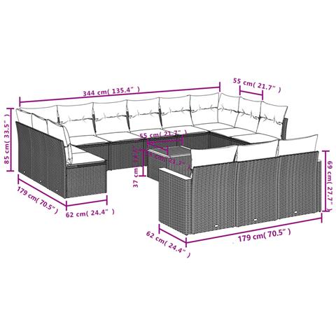 Set Divani Da Giardino 14pz Con Cuscini In Polyrattan Grigio - Foto 3