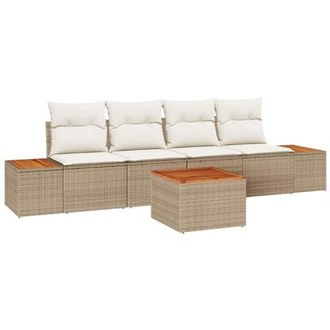 Set di divani da giardino a 5 pezzi con cuscini beige polyrattan acacia - Foto 1