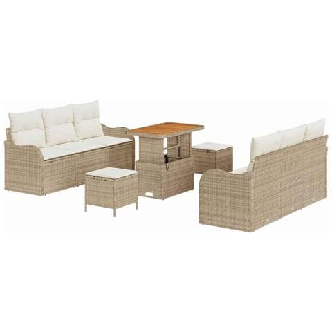 Set di divani da giardino in 9 pezzi con cuscini beige polyrattan acacia, Divano da giardino a 2 posti con cuscini beige polyrattan, Set da pranzo da giardino in 3 pezzi con cuscini beige polyrattan acacia - Foto 1