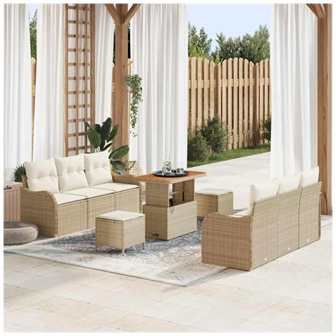 Set di divani da giardino in 9 pezzi con cuscini beige polyrattan acacia, Divano da giardino a 2 posti con cuscini beige polyrattan, Set da pranzo da giardino in 3 pezzi con cuscini beige polyrattan acacia - Foto 2