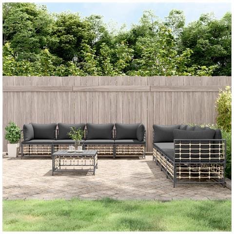 Set Divani da Giardino 9 pz con Cuscini Antracite in Polyrattan - Foto 2