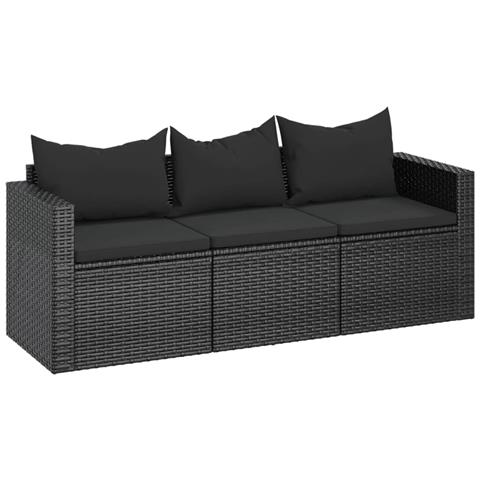 Divano Da Giardino A 3 Posti Con Cuscini Nero In Polyrattan - Foto 1