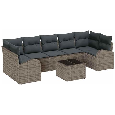 Set Divano da Giardino 8 pezzi  con cuscini Rattan Poliestere Grigio, Divano da Giardino 2 Posti  con Spazio di Stoccaggio&Cuscini Rattan Poliestere Grigio - Foto 1