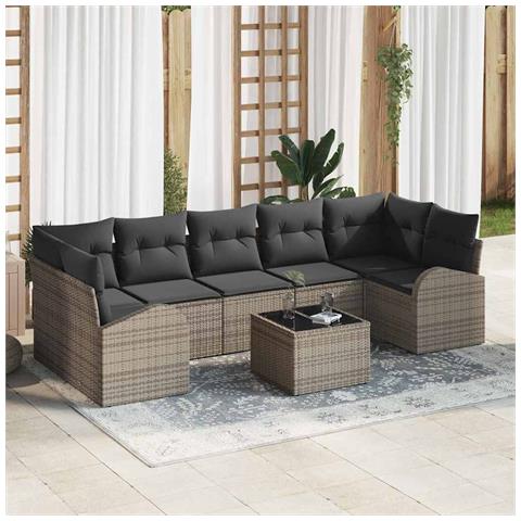 Set Divano da Giardino 8 pezzi  con cuscini Rattan Poliestere Grigio, Divano da Giardino 2 Posti  con Spazio di Stoccaggio&Cuscini Rattan Poliestere Grigio - Foto 2
