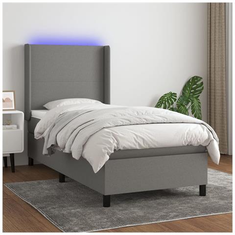 Letto a Molle Materasso e LED Grigio Scuro 90x190 cm in Tessuto - Foto 2