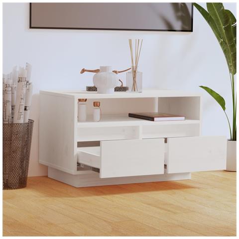 Mobile Porta Tv Bianco 60x35x37 Cm In Legno Massello Di Pino - Foto 2
